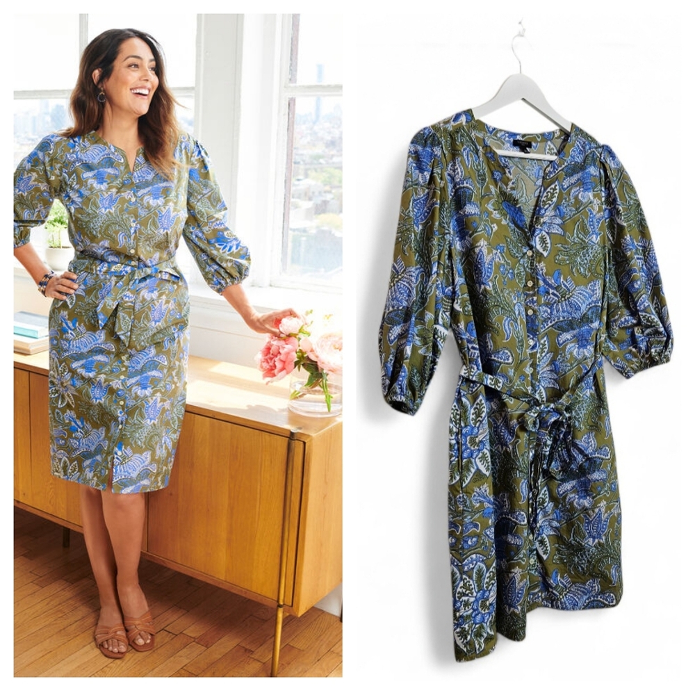 Talbots Petite Shirtdress 14P Cotton Poplin Floral Paisley Tie Waist Blue Green